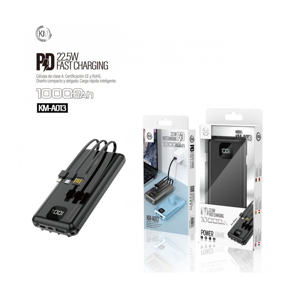 POWER BANK 10000mAh CON 3 CABLE PD-22.5W [KM-A013]