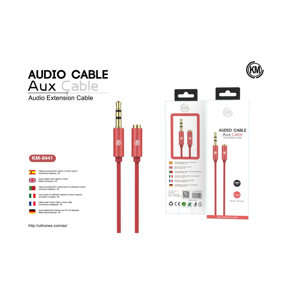 KM-8441 CABLE AUDIO JACK 3.5MM 3PIN MACHO A HEMBRA TPE [ROJO]