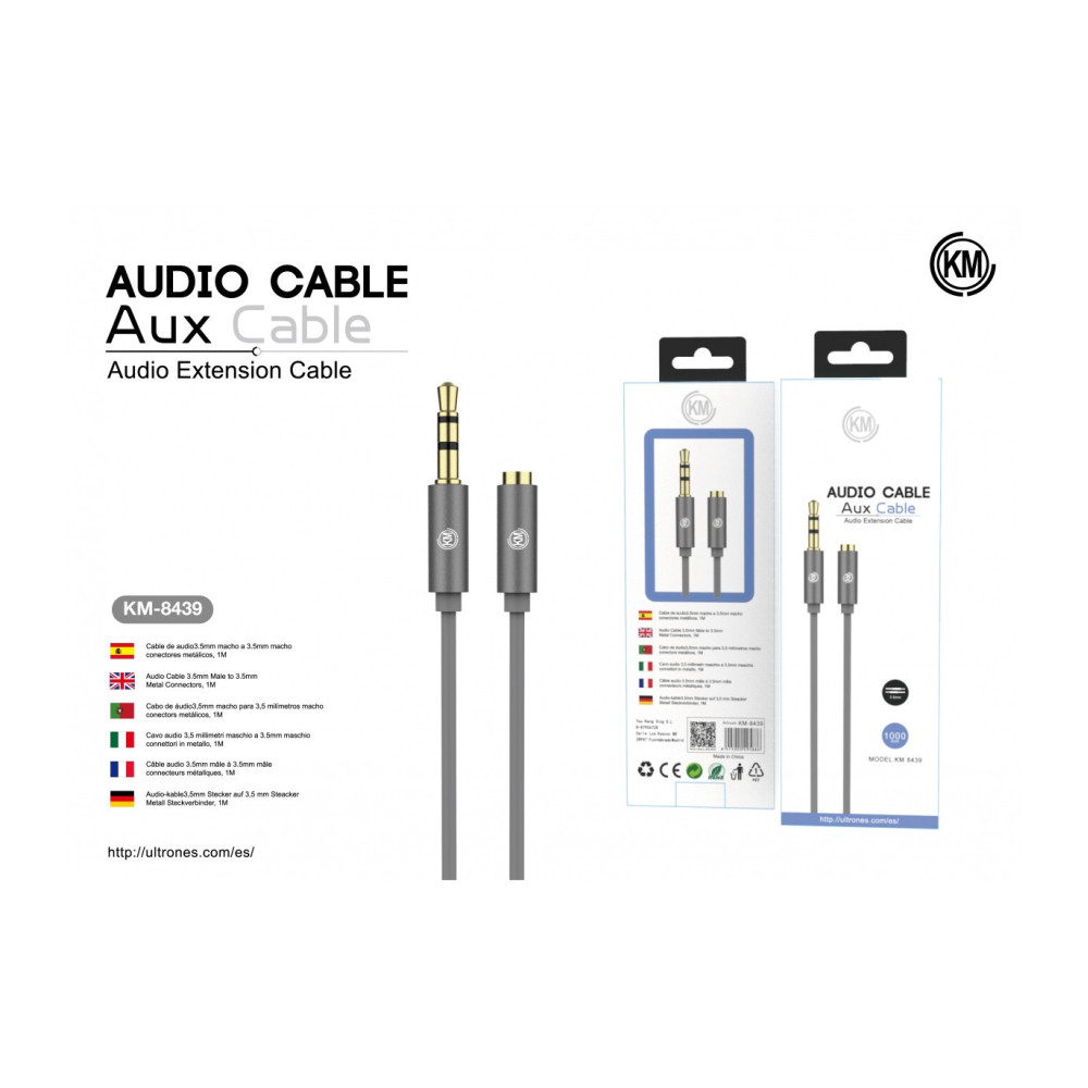 KM-8439 CABLE AUDIO JACK 3.5MM 3PIN MACHO A HEMBRA TPE [GRIS]