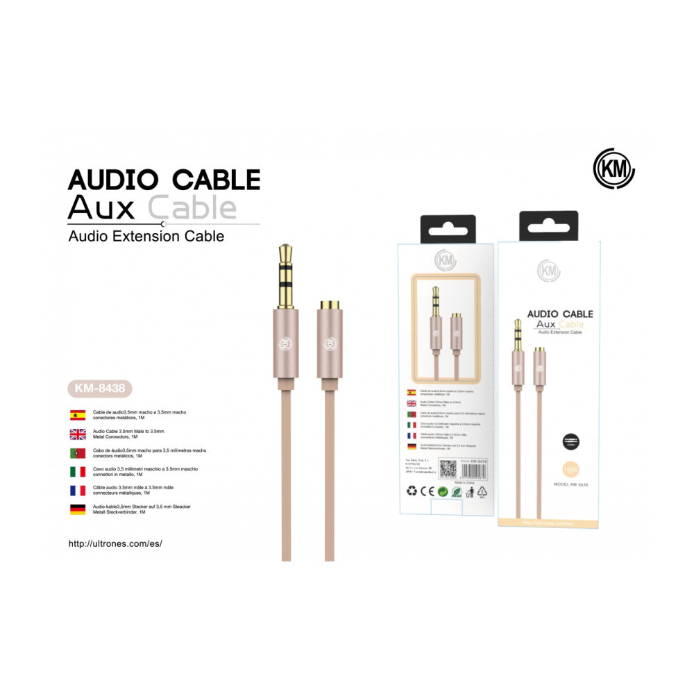 KM-8438 CABLE AUDIO JACK 3.5MM 3PIN MACHO A HEMBRA TPE [DORADO]