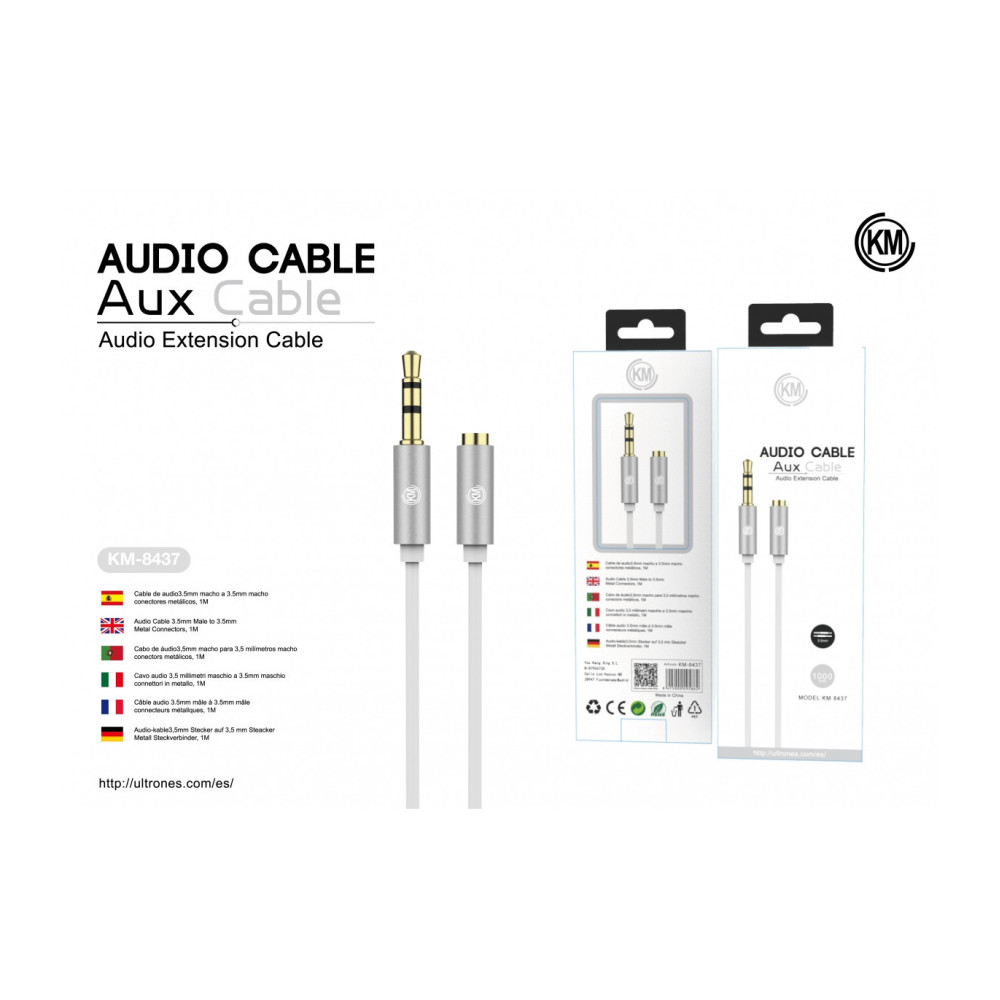 KM-8437 CABLE AUDIO JACK 3.5MM 3PIN MACHO A HEMBRA TPE [BLANCO]