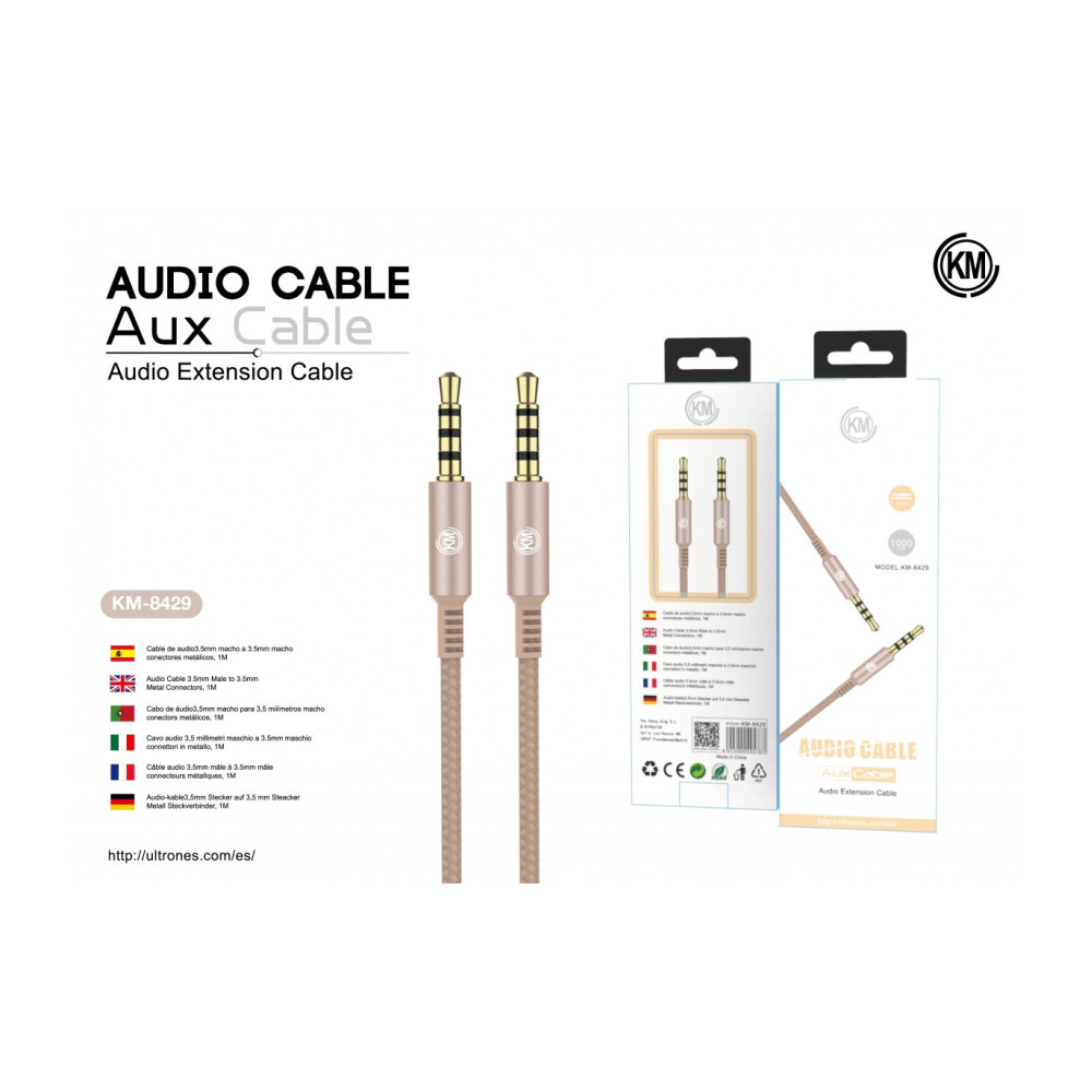 KM-8429 CABLE AUDIO JACK 3.5MM 4PIN MACHO A MACHO [DORADO]