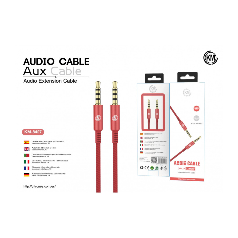 KM-8427 CABLE AUDIO JACK 3.5MM 4PIN MACHO A MACHO [ROJO]