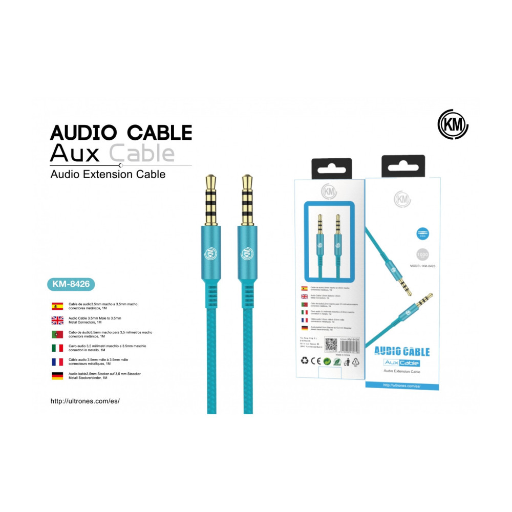 KM-8426 CABLE AUDIO JACK 3.5MM 4PIN MACHO A MACHO [AZUL]