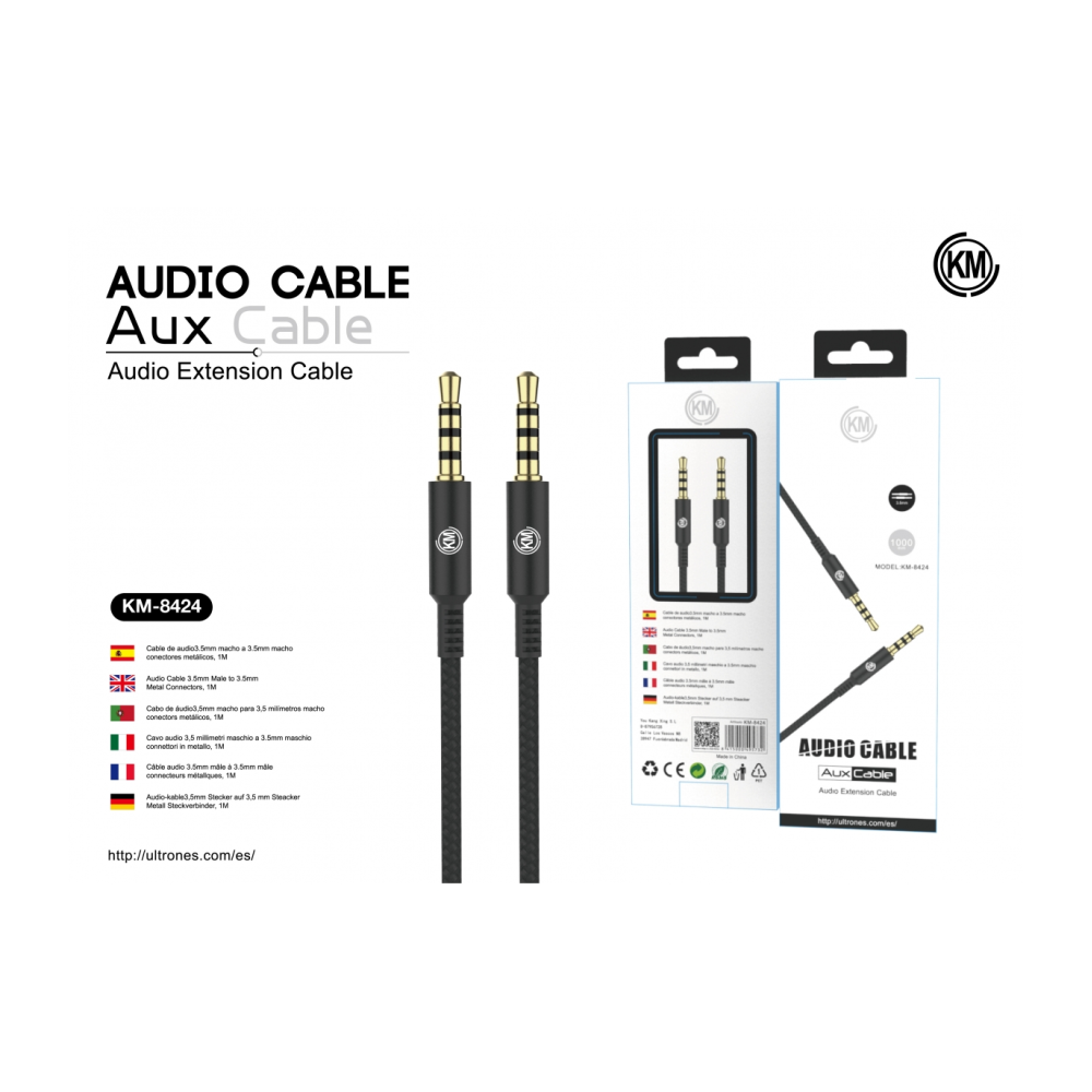 KM-8424 CABLE AUDIO JACK 3.5MM 4PIN MACHO A MACHO 1M [NEGRO]