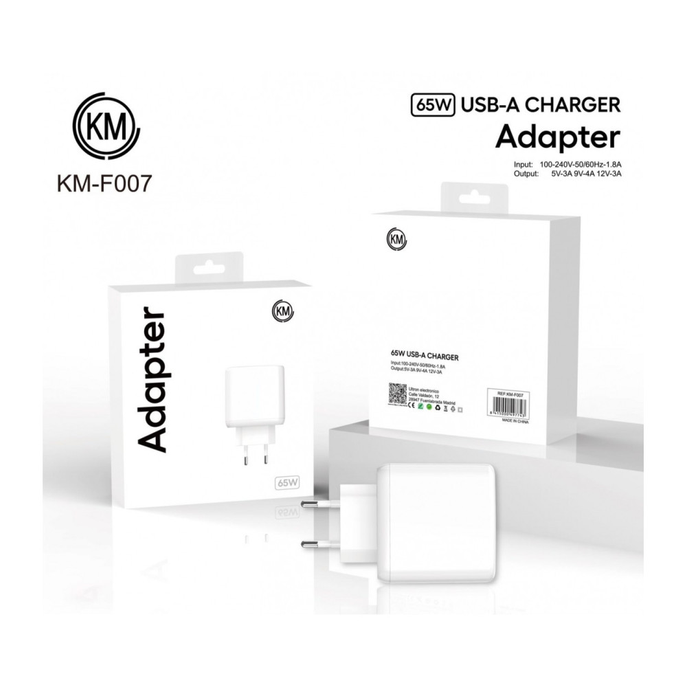 KM-F007 CARGADOR PARED 65W SIN CABLE SOLO PARA OPPO