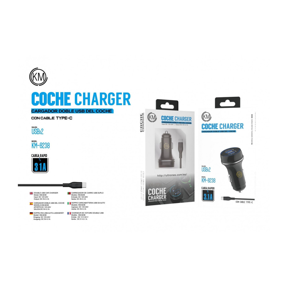 KM-8238 CARGADOR COCHE CABLE TYPE-C [NEGRO]