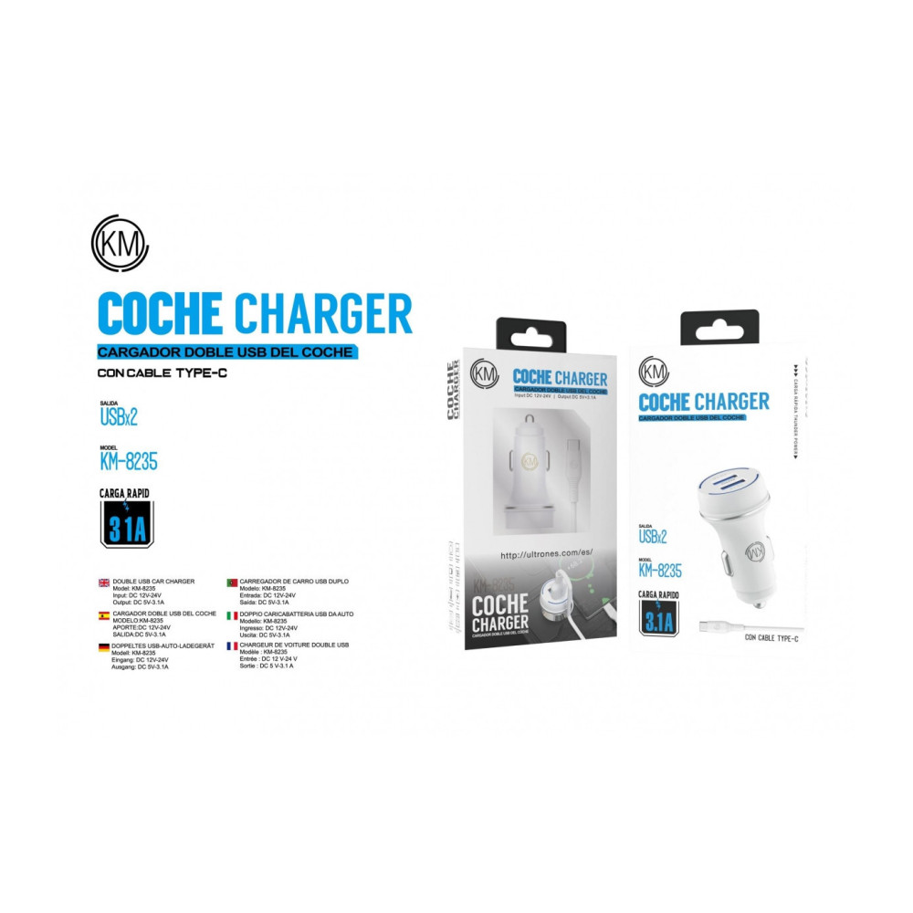 KM-8235 CARGADOR COCHE CABLE TYPE-C [BLANCO]
