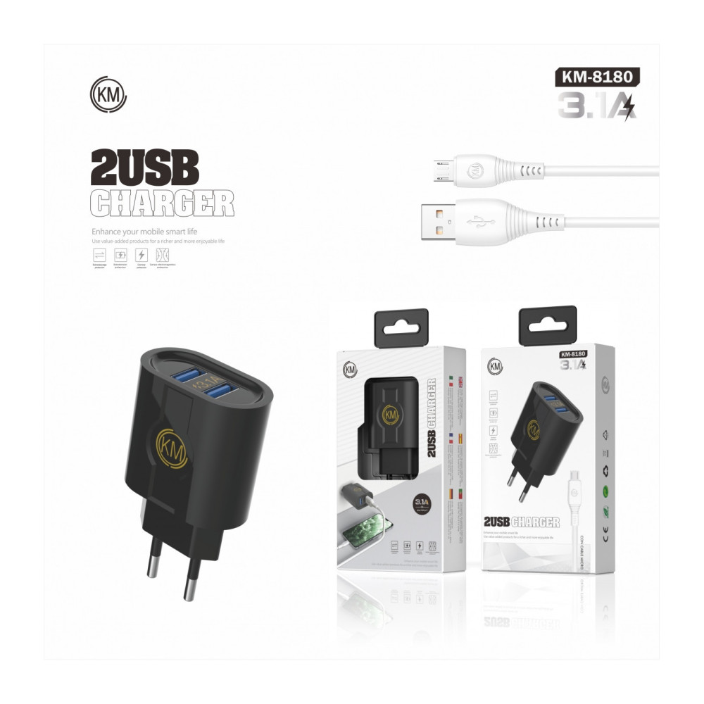 KM-8180 CARGADOR PARED 3.1A CABLE MICRO-USB
