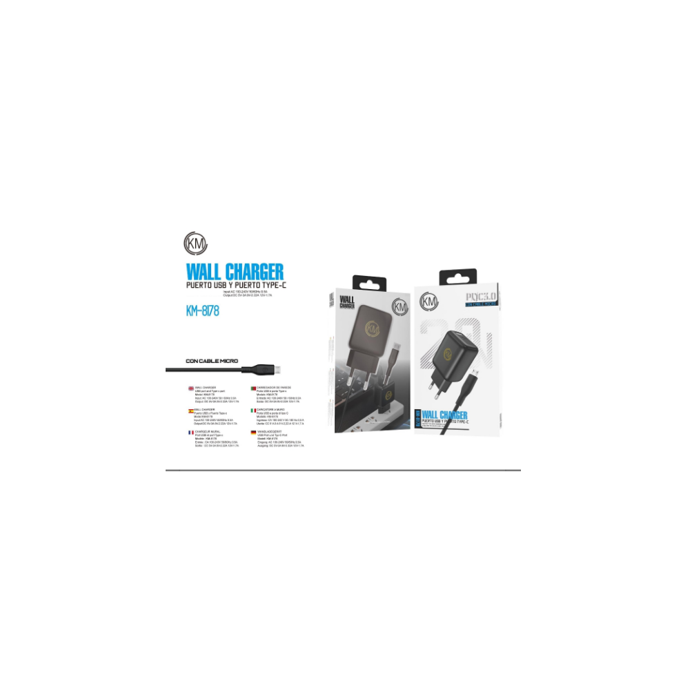 KM-8178 CARGADOR PARED 20W CABLE MICRO-USB [NEGRO]