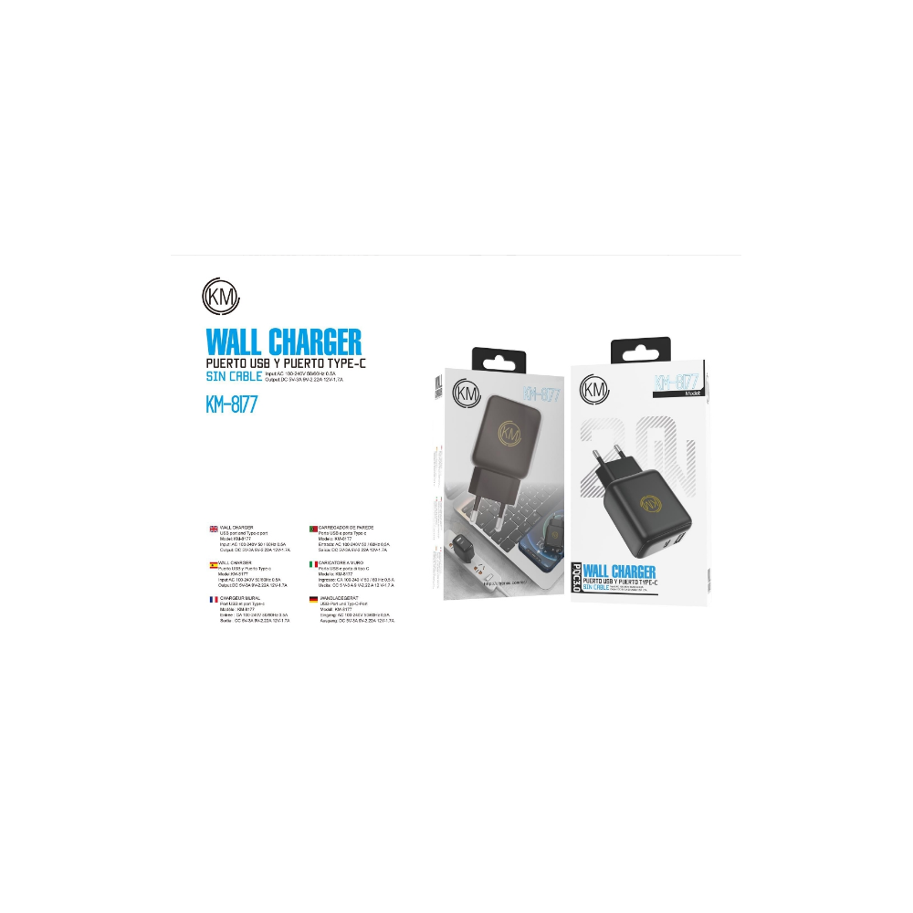 KM-8177 CARGADOR PARED 20W PUERTO_A+C SIN CABLE [NEGRO]