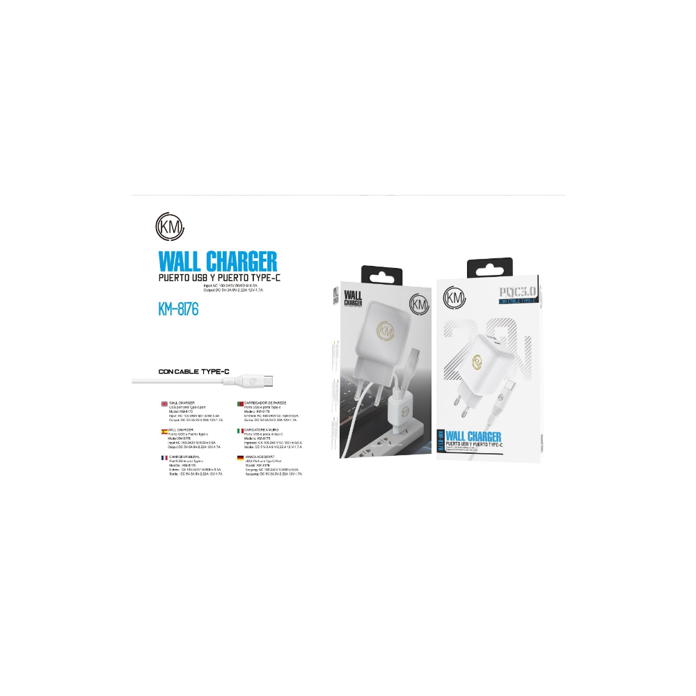 KM-8176 CARGADOR PARED 20W PUERTO_A+C CABLE TYPE-C [BLANCO]
