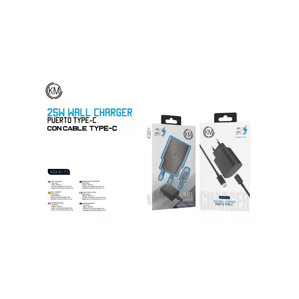 KM-8173 CARGADOR PARED 25W CABLE TYPE-C [NEGRO]