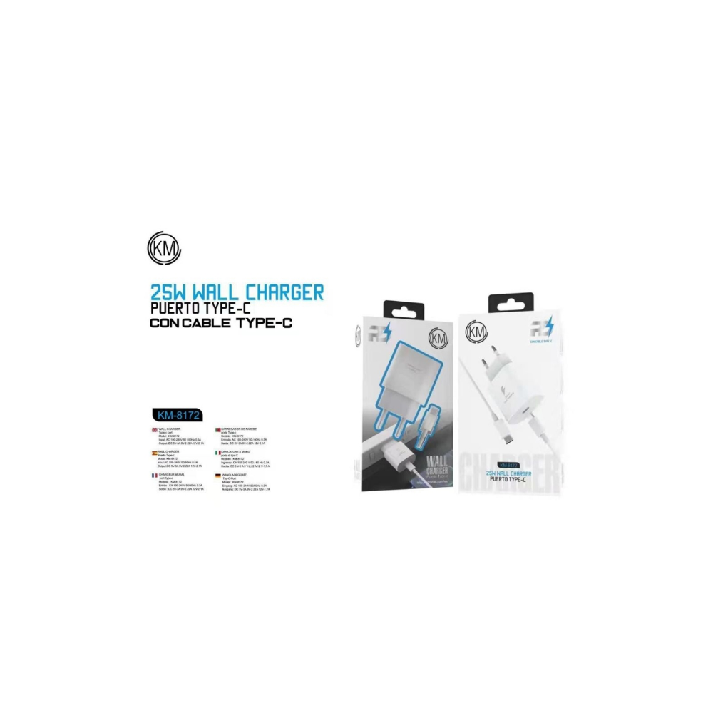 KM-8172 CARGADOR PARED 25W CABLE TYPE-C [BLANCO]