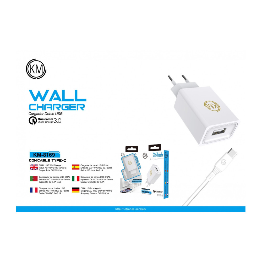 KM-8169 CARGADOR PARED QC-3.0 PUERTO_A CABLE TYPE-C