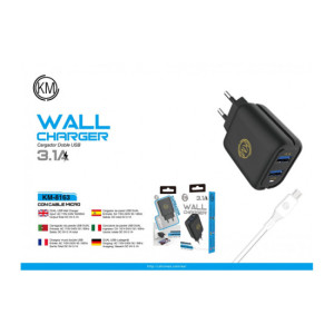 KM-8163 CARGADOR PARED 3.1A CABLE MICRO-USB [NEGRO]