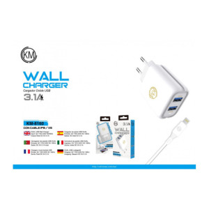 KM-8160 CARGADOR PARED 3.1A CABLE LIGHTNING [BLANCO]