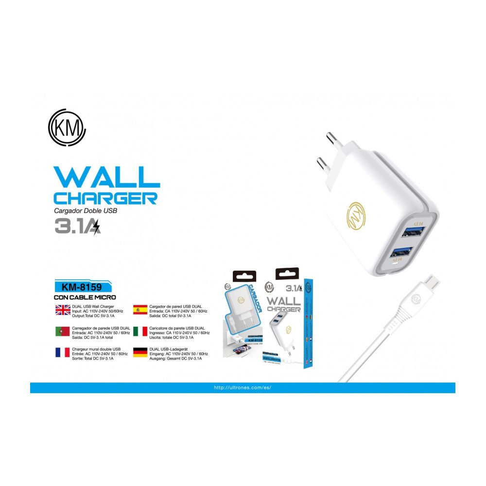 KM-8159 CARGADOR PARED 3.1A CABLE MICRO-USB [BLANCO]