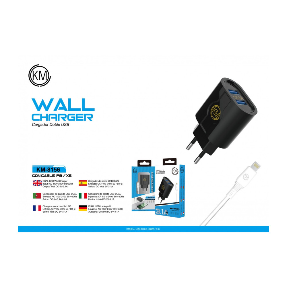 KM-8156 CARGADOR PARED CABLE LIGHTNING [NEGRO]