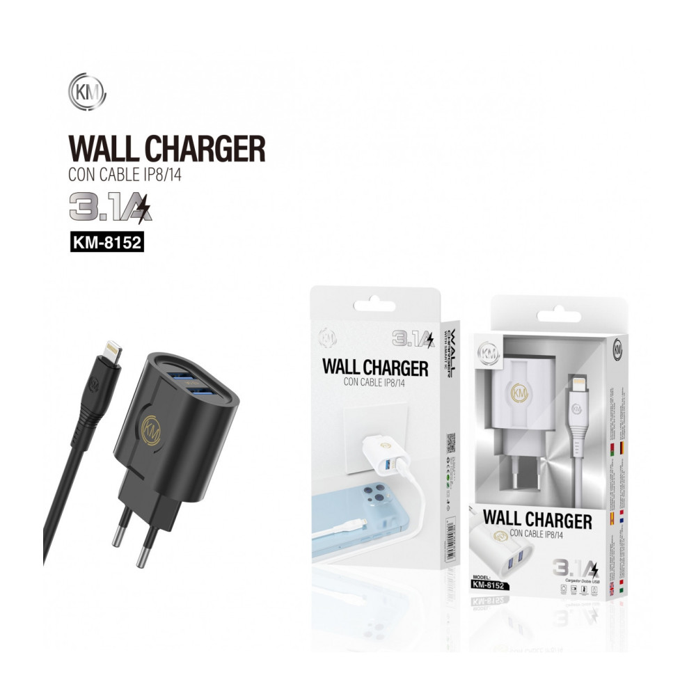 KM-8152 CARGADOR PARED 3.1A CABLE LIGHTNING [BLANCO]