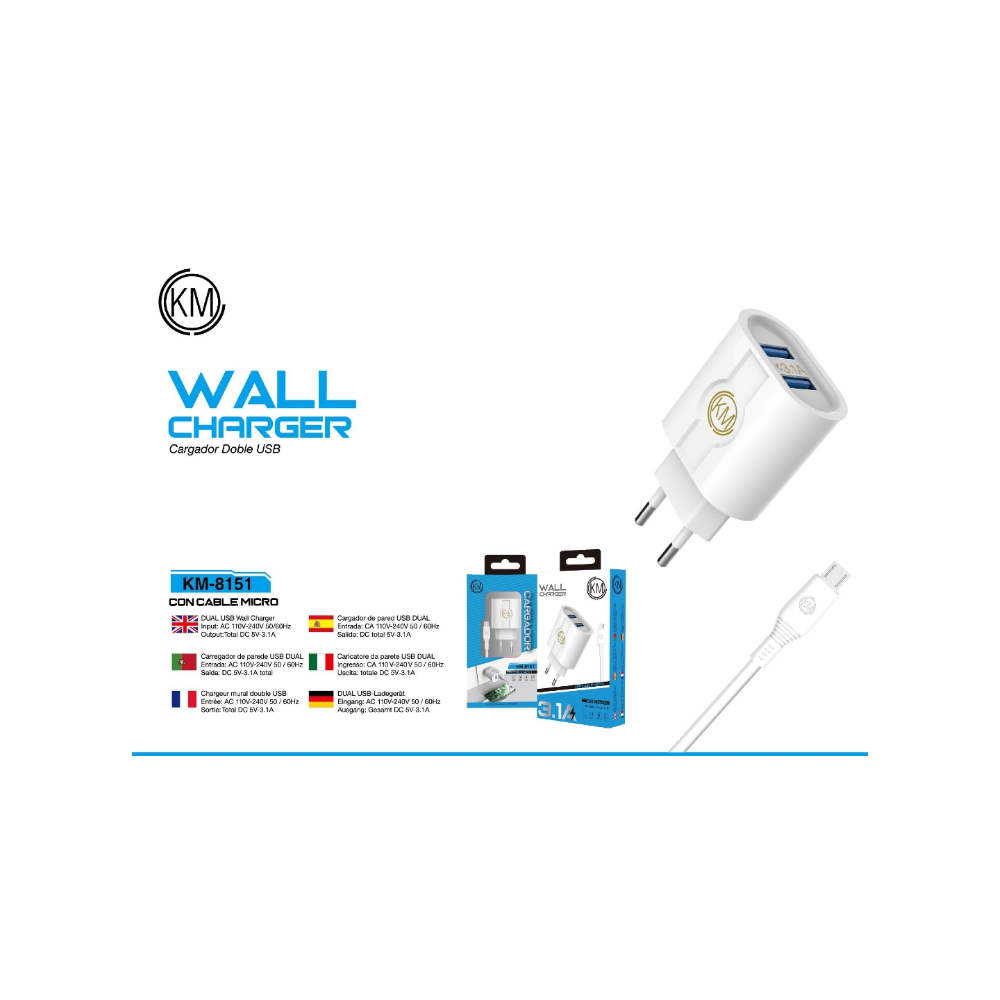 KM-8151 CARGADOR PARED 3.1A CABLE MICRO-USB [BLANCO]