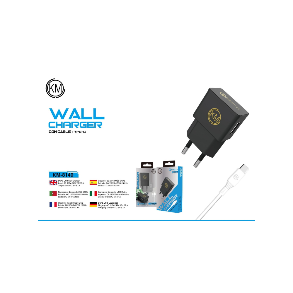KM-8149 CARGADOR PARED CABLE TYPE-C [NEGRO]