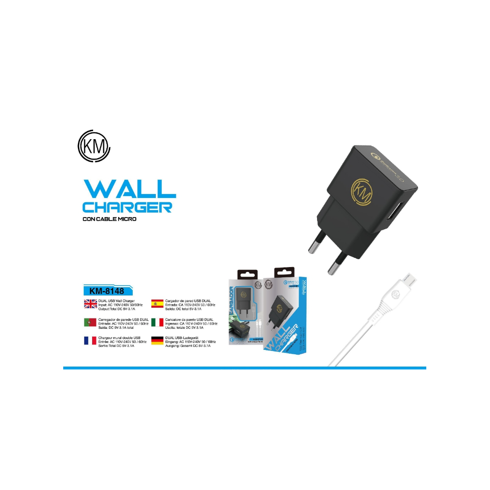 KM-8148 CARGADOR PARED CABLE MICRO-USB [NEGRO]