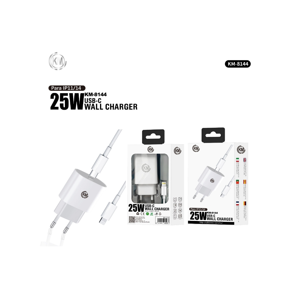 KM-8144 CARGADOR PARED 25W CABLE TYPE-C A LIGHTNING