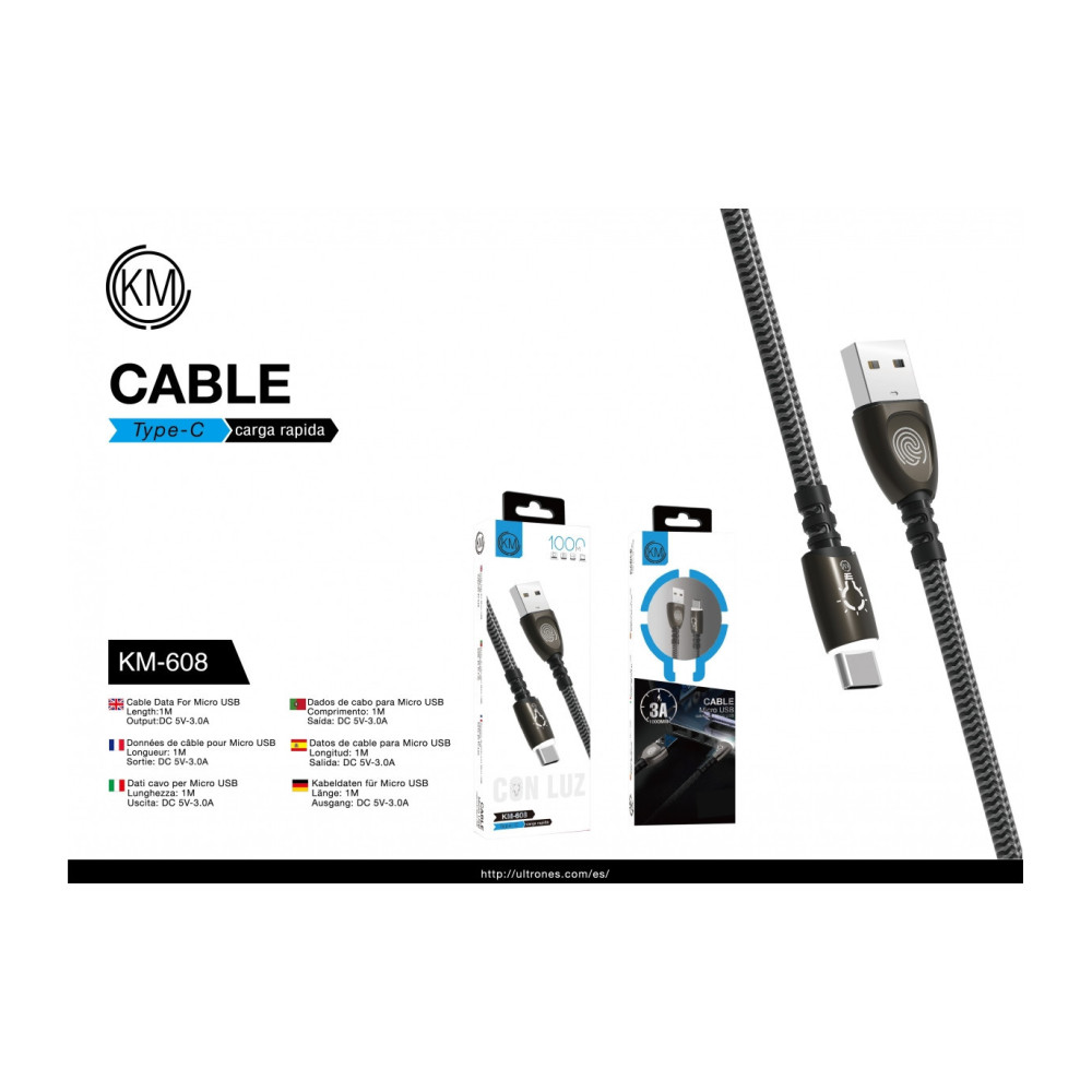 KM-608 CABLE TYPE-C ZINC LUZ TACTIL 3A